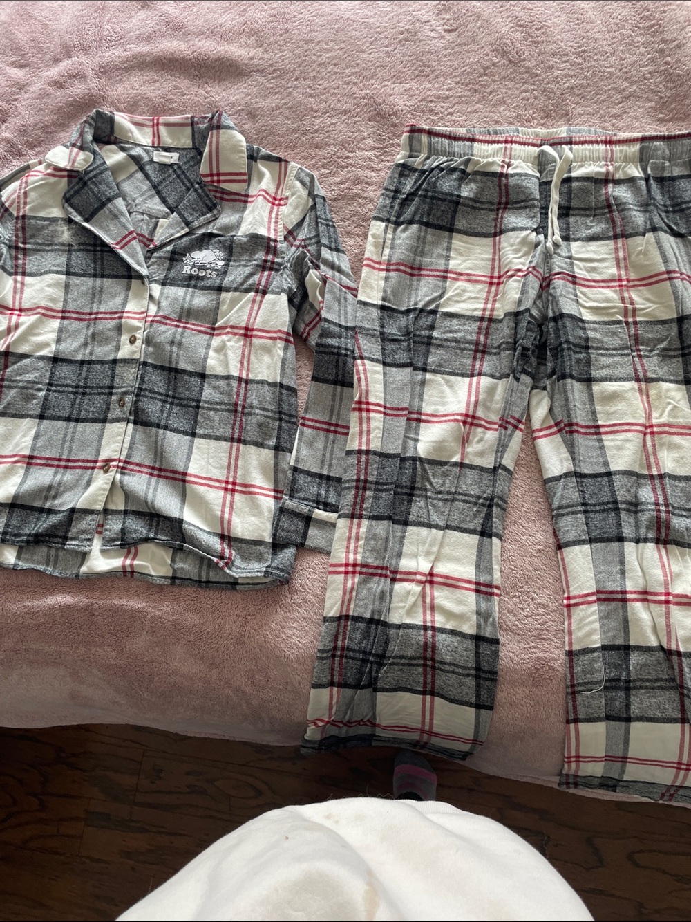 Roots Woman’s Plaid Flannel Pajama Set in Cream, Black & Red